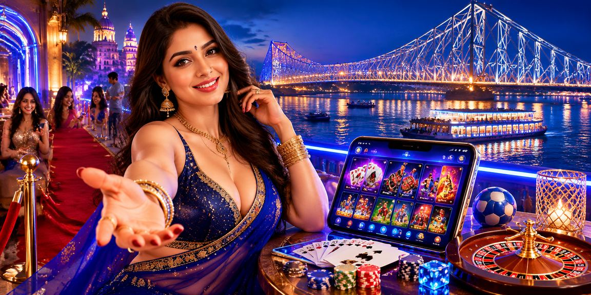 Mobile payment use in Kolkata against Howrah Bridge's blue and gold lights