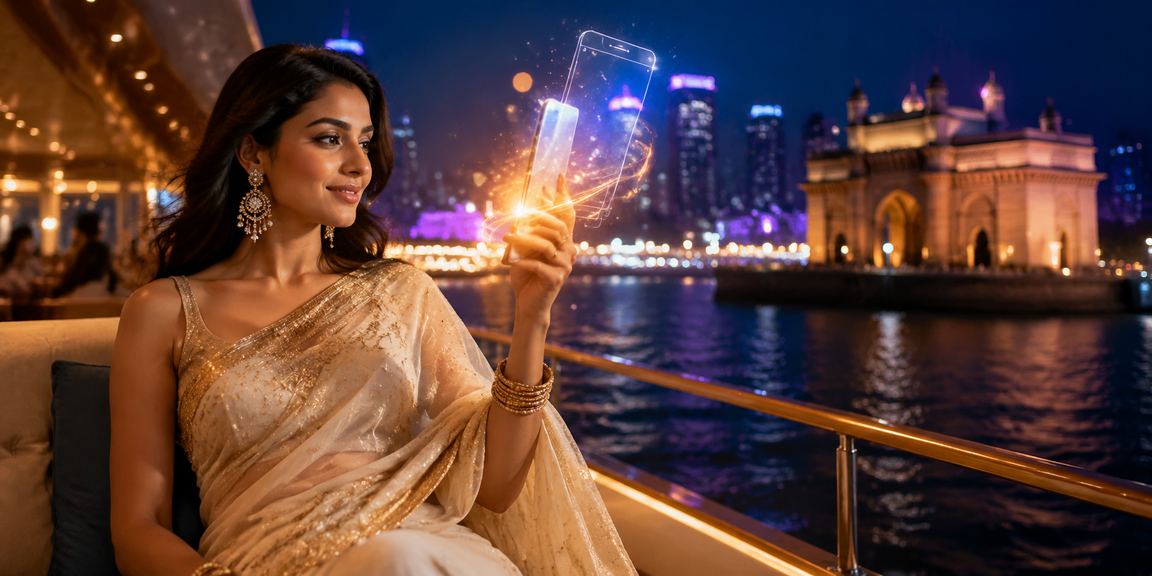 Young woman using casino betting app in Mumbai wearing saree